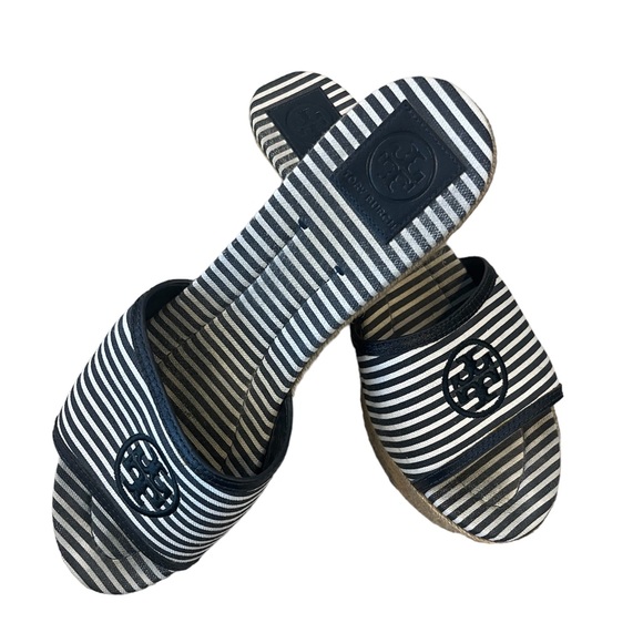 Tory Burch Shoes - Tory Burch navy and white stripe wedge heel sandal Size 10